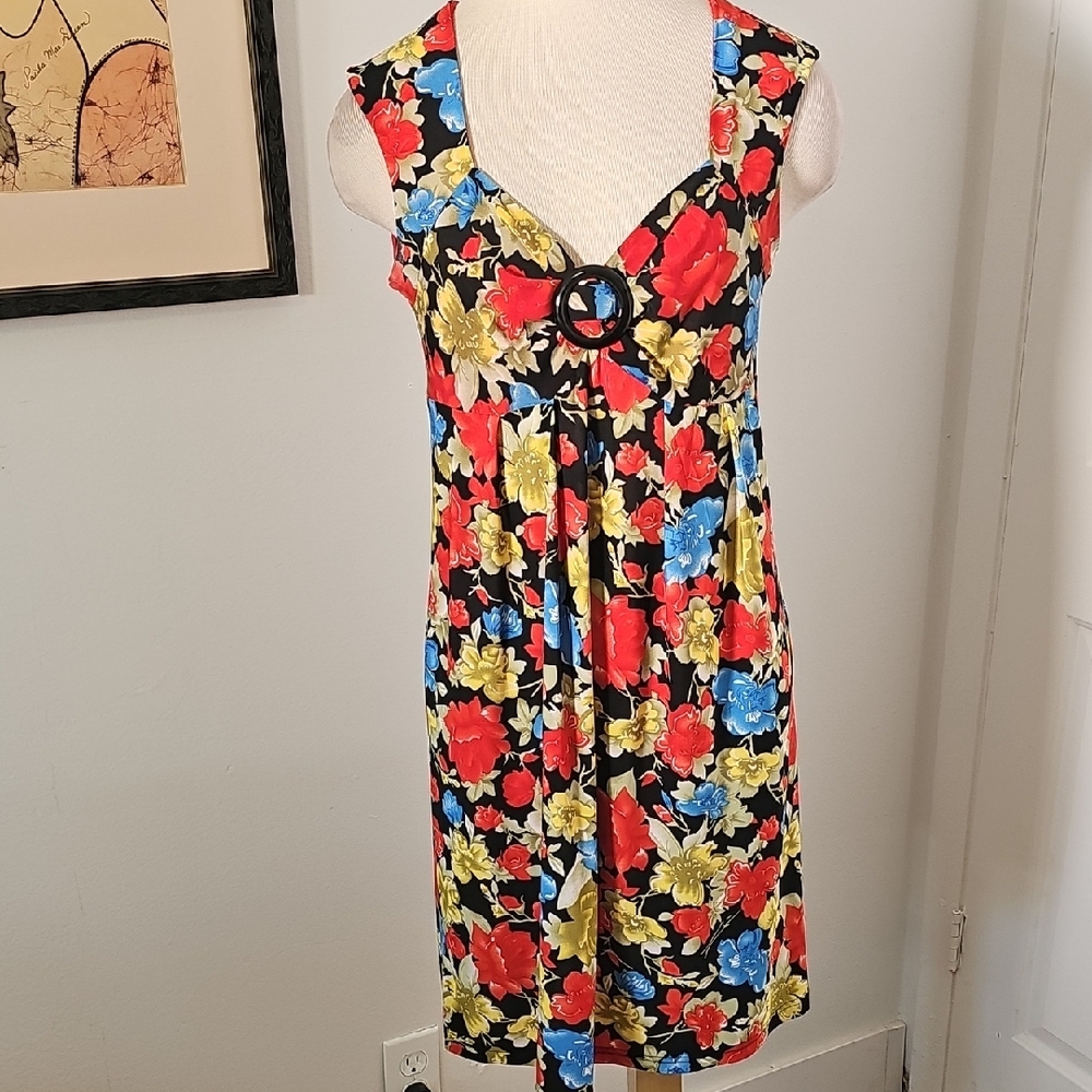 Karin Stevens Floral Midi Dress Black Red Yellow Blue Empire Waist Babydoll Sz6
